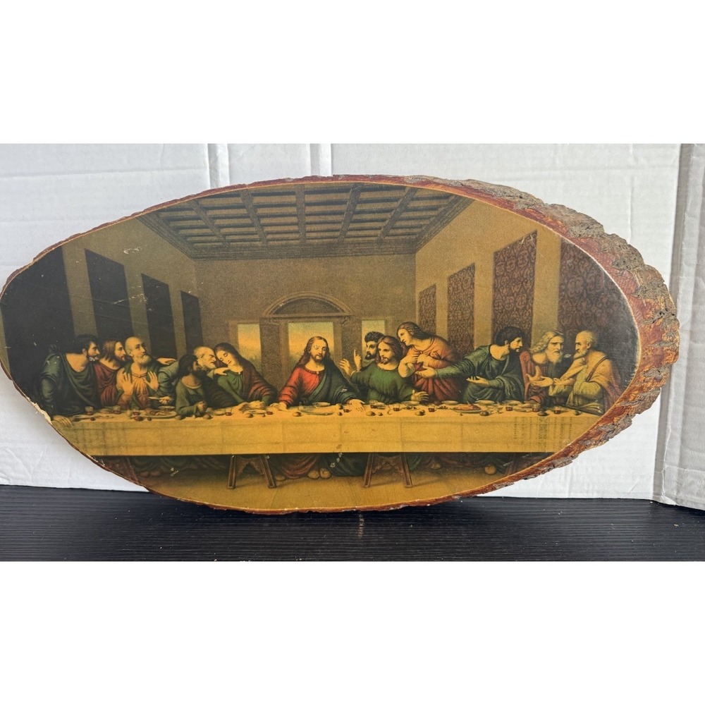 Vintage The Last Supper Wall Plaque on a Piece of Cut‎ Tree Has Some Scratches